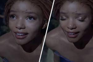 Side by side close up photos of Halle Bailey singing as Ariel