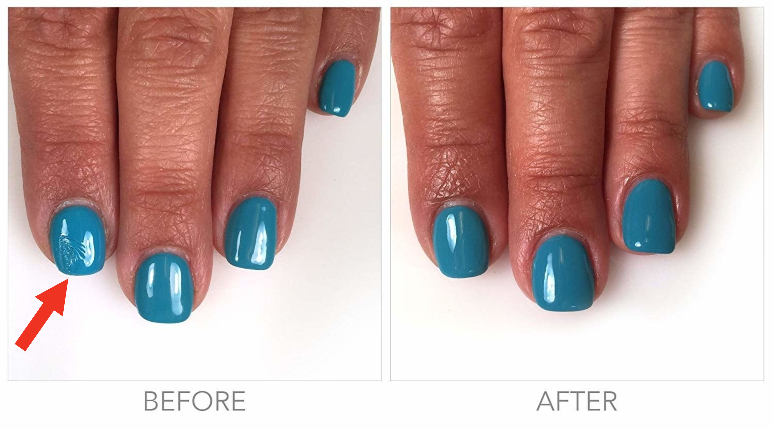Before image of a smudged blue fingernail and after image of it un-smudged 
