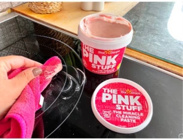 The Pink Stuff being used on a stovetop