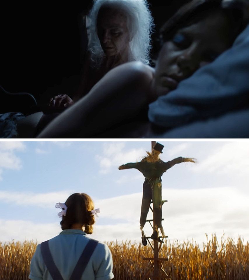 Old Pearl lays down in bed with a sleeping Maxine.  Young Pearl looks up at a scarecrow in a field.