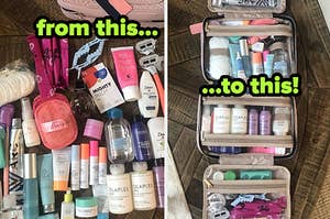 reviewer photo of a bunch of travel sized skincare, hair, and personal products with text: from this... / the same products neatly stored in a four-compartment travel bag with text: ...to this!