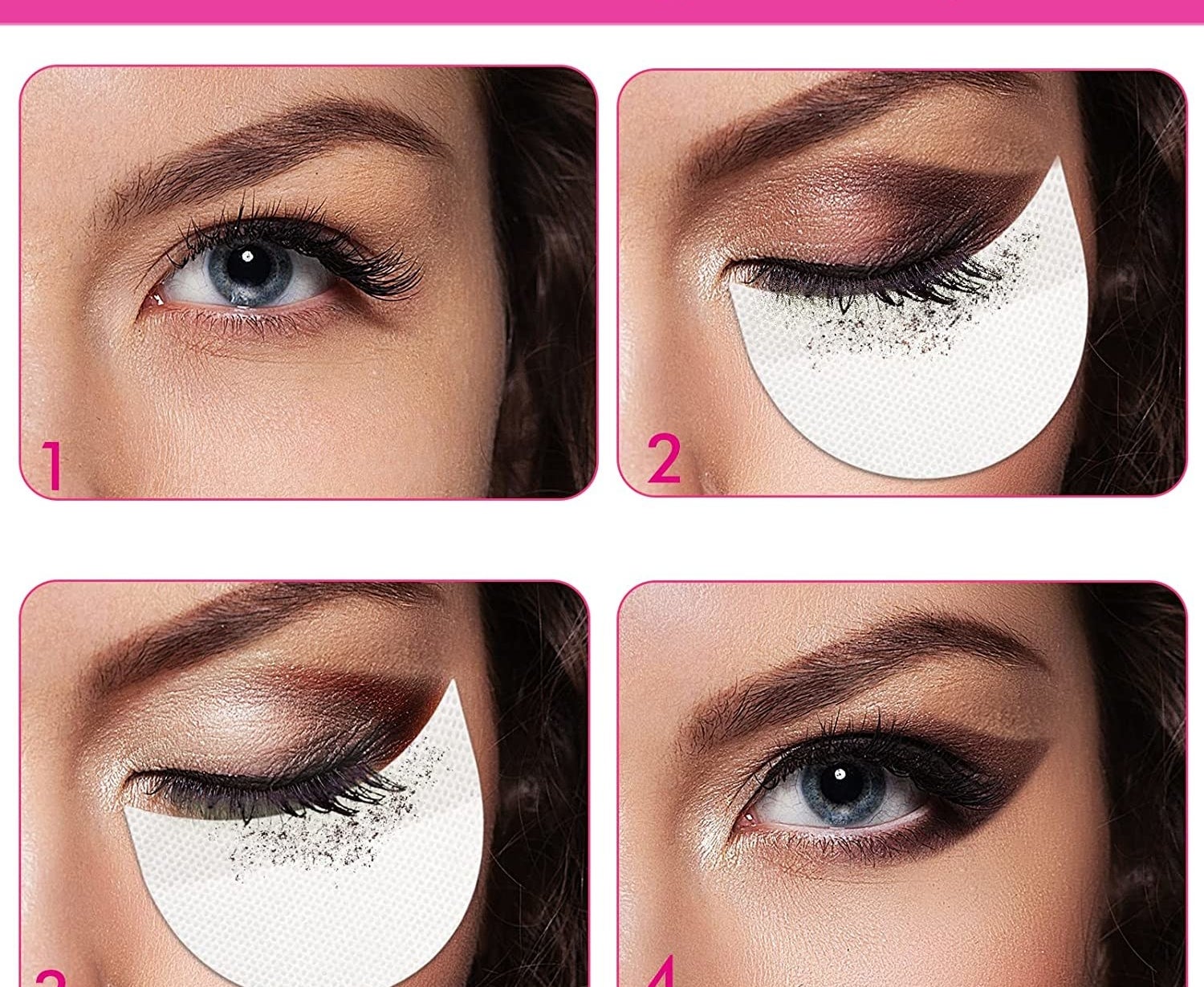 四个步骤的眼影看起来使用eyshadow创建的盾牌过度化妆,落在眼睛下面