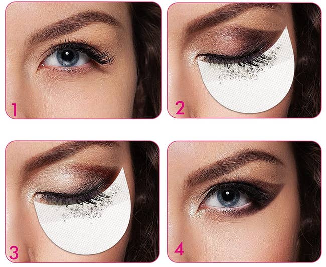 four step process of an eyeshadow look created using the eyshadow shields to catch excess makeup that falls underneath the eye