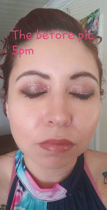 reviewer's before pic at 5 pm showing a glittery nighttime eyeshadow look