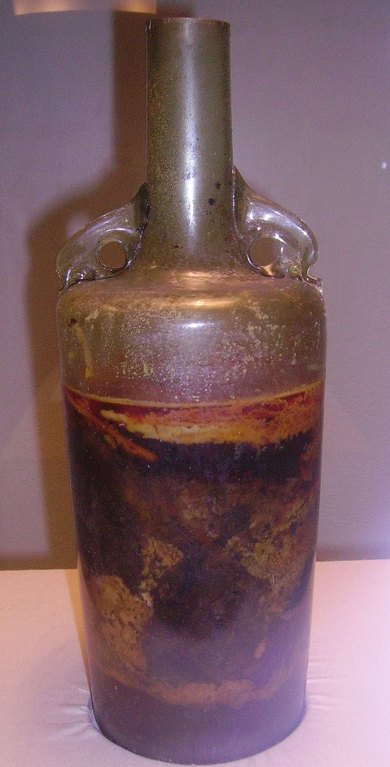 A wine bottle containing a murky, motley liquid