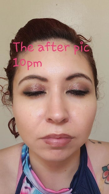 reviewer's after pic at 10 pm showing their makeup intact
