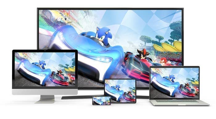 &quot;Sonic&quot; racing game shown across multiple screens