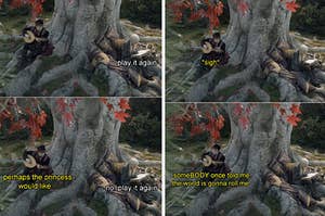 Rhaenyra sitting in the godswood with a bard playing for her, but there's text indicating that he's playing All Star by Smash Mouth