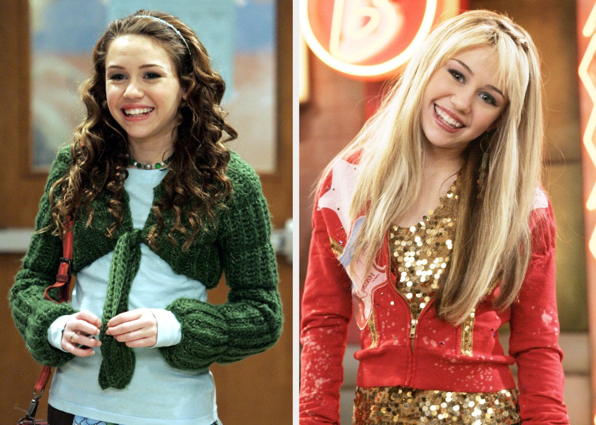 side by side of miley and hannah montana