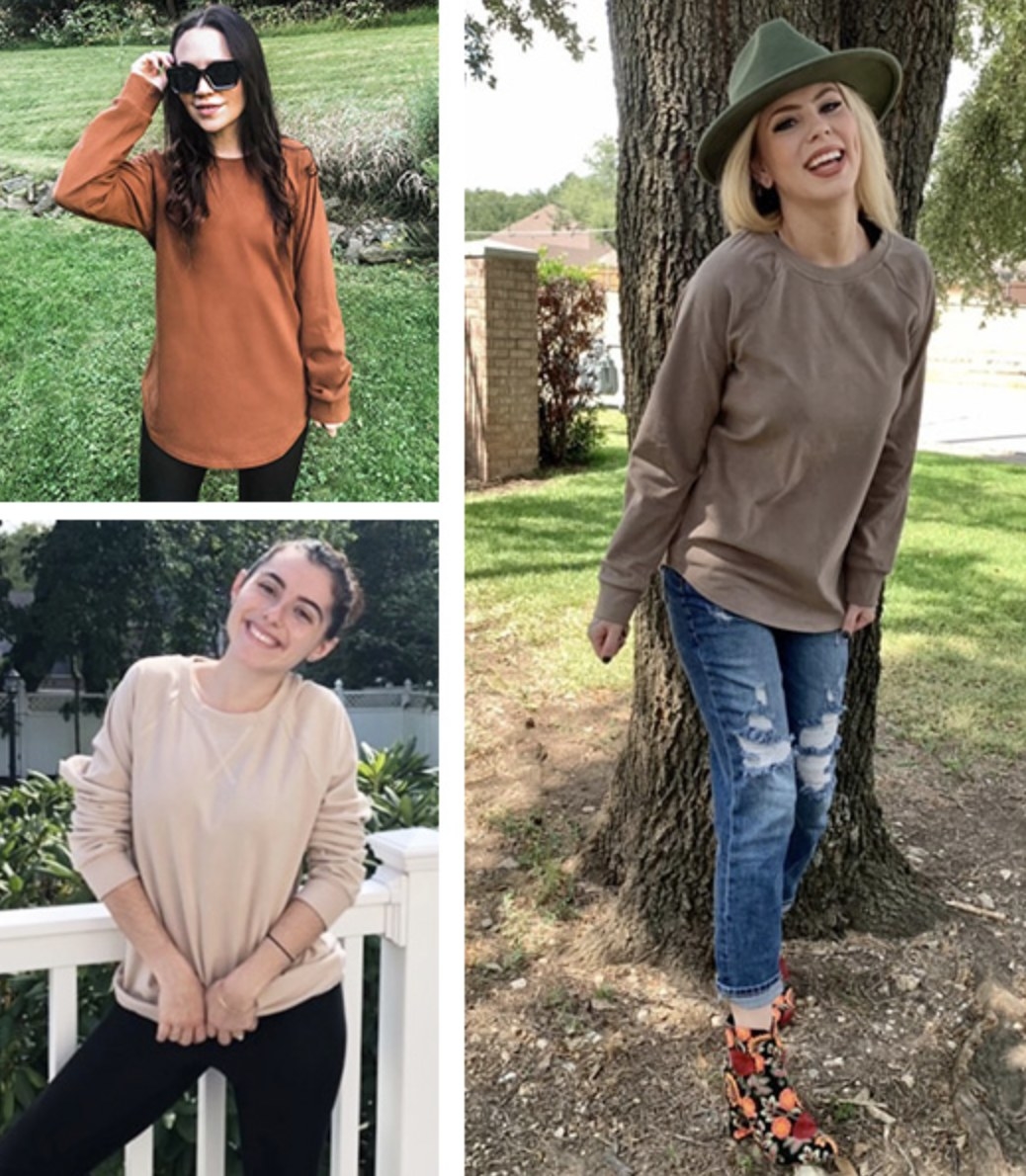 Three different models wearing the sweater in orange, cream, and grey (respectively)