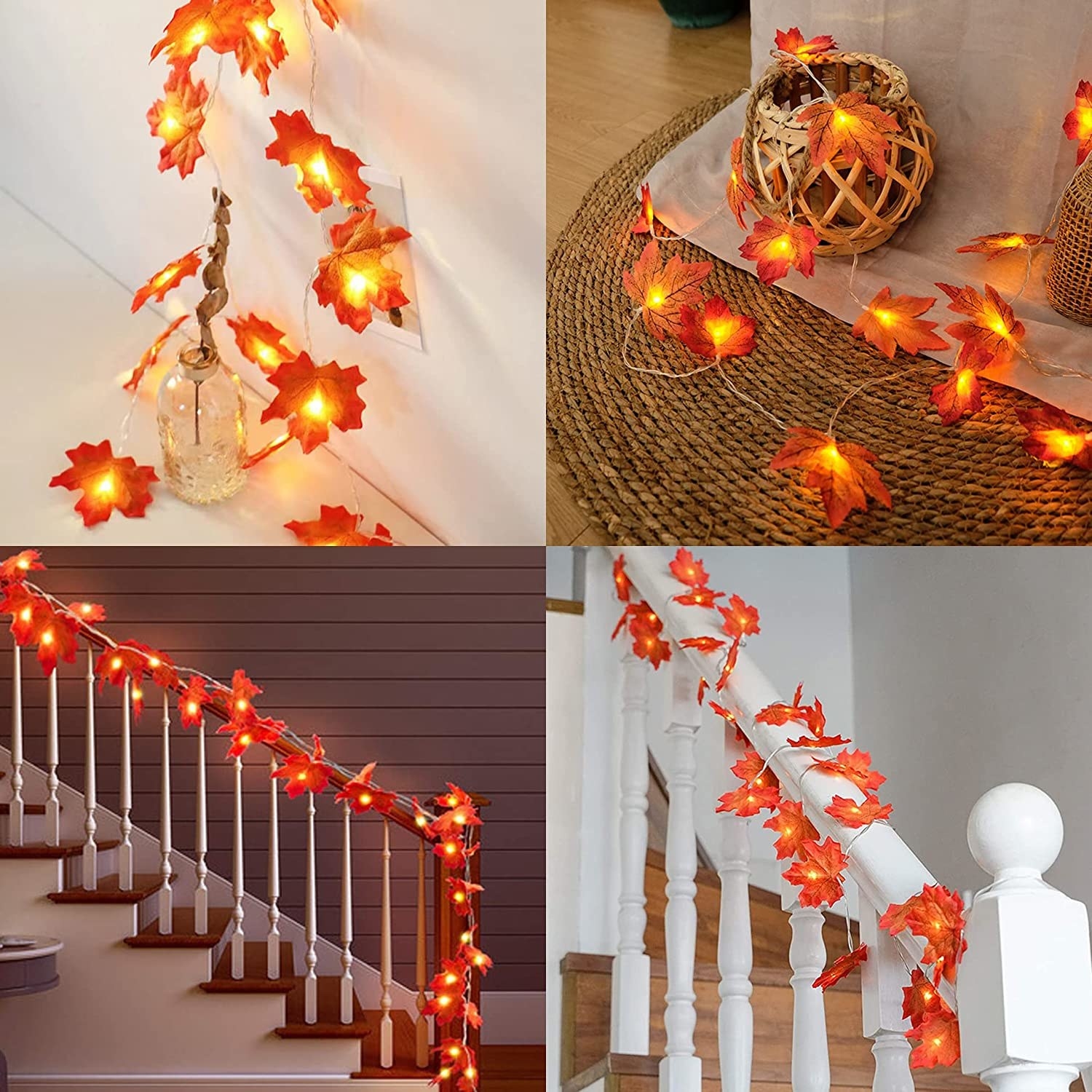 a four-frame picture of the leaf garland strung up on banisters and draped around different parts of a house