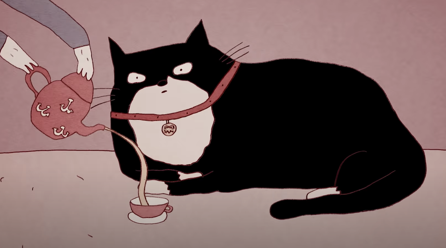 illustration of a cat on a table with tea being poured into a cup
