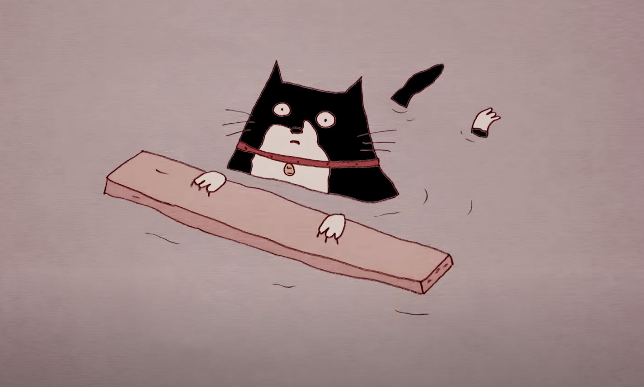 illustration of a cat in water using a wooden board to float