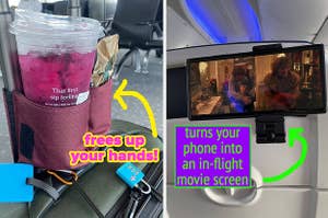 reviewer photo of a burgundy drink holder attached to the handle of a suitcase with text: frees up your hands! / reviewer photo of a phone mounted to an airplane seat showing a movie with text: turns your phone into an in-flight movie screen