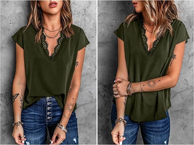 Side-by-side images of model posing in the green blouse, half-tucked (left) and untucked (right)