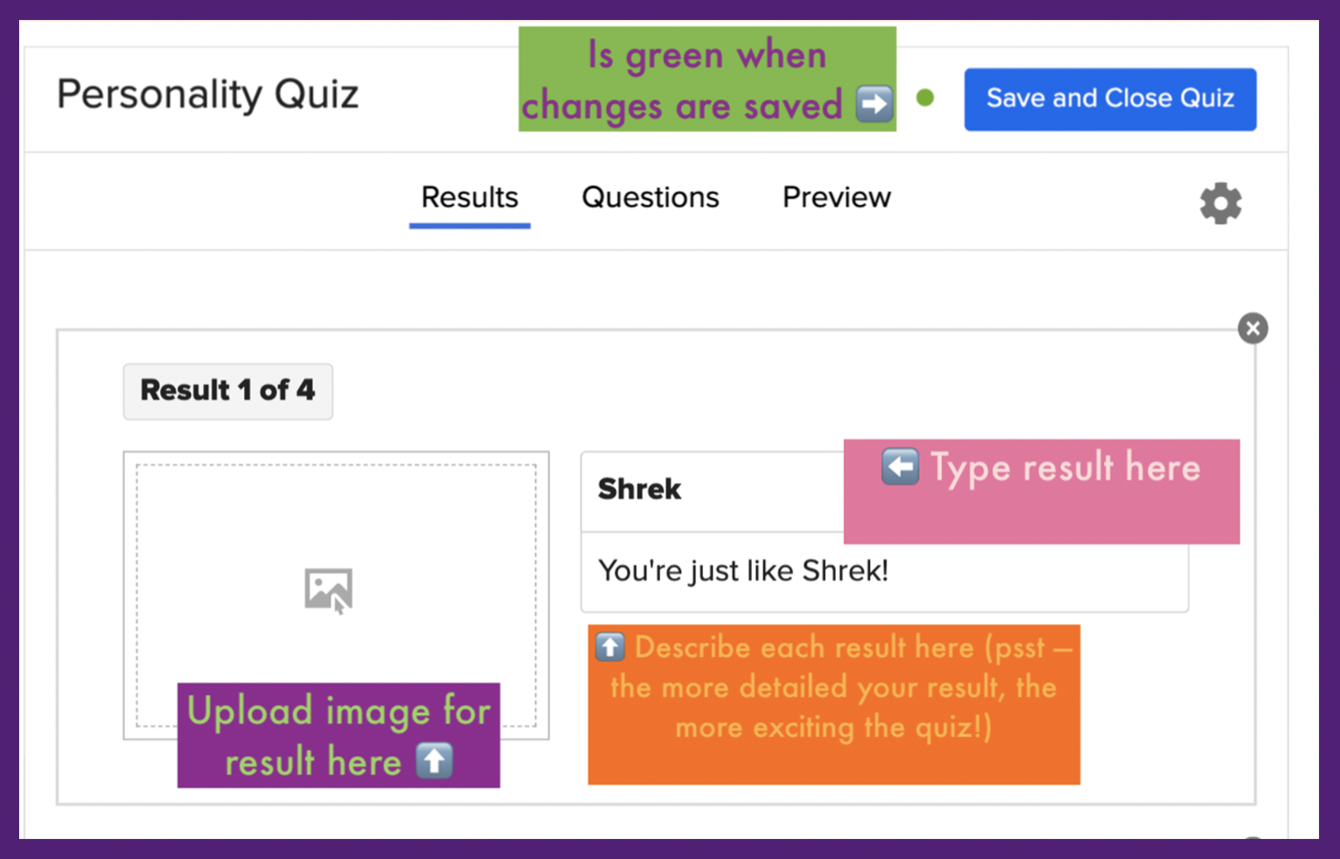 a screenshot of the results tab of the personality quiz builder