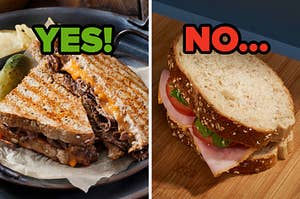 On the left, a roast beef and cheddar panini labeled yes, and on the right, a ham sandwich with lettuce and tomato labeled no