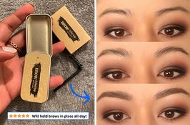 an eyebrow soap kit and a 5 star review that says "will hold brows in place all day," and an eyebrow look created with the kit to sculpt and fluff up brows