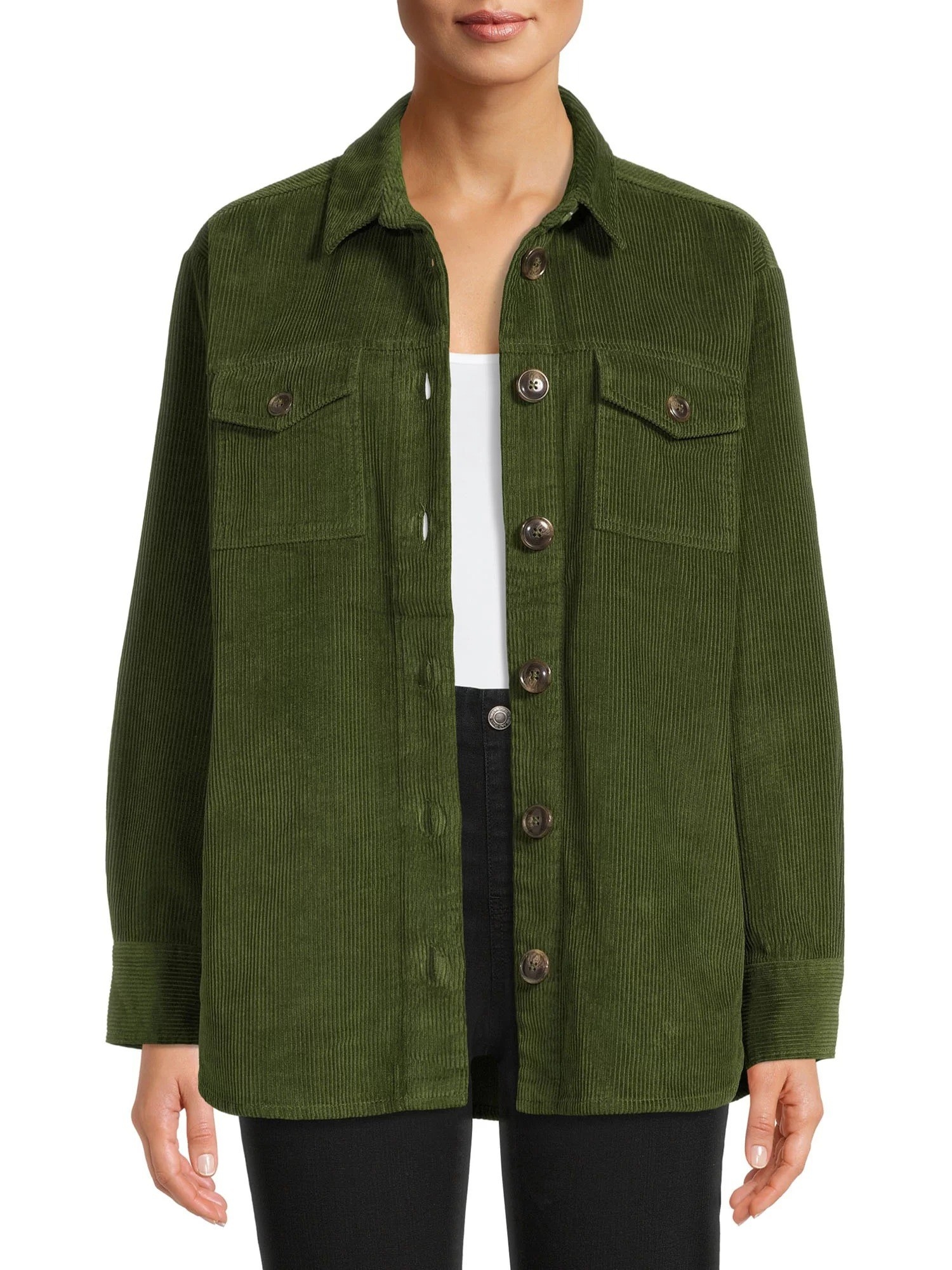 a model wearing the green cordury shirt jacket