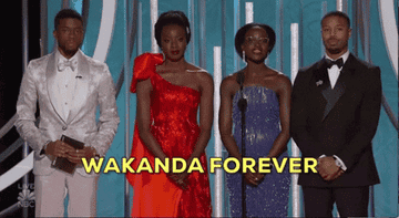 黑豹Wakanda手臂的动作和说& # x27; Wakanda forever"