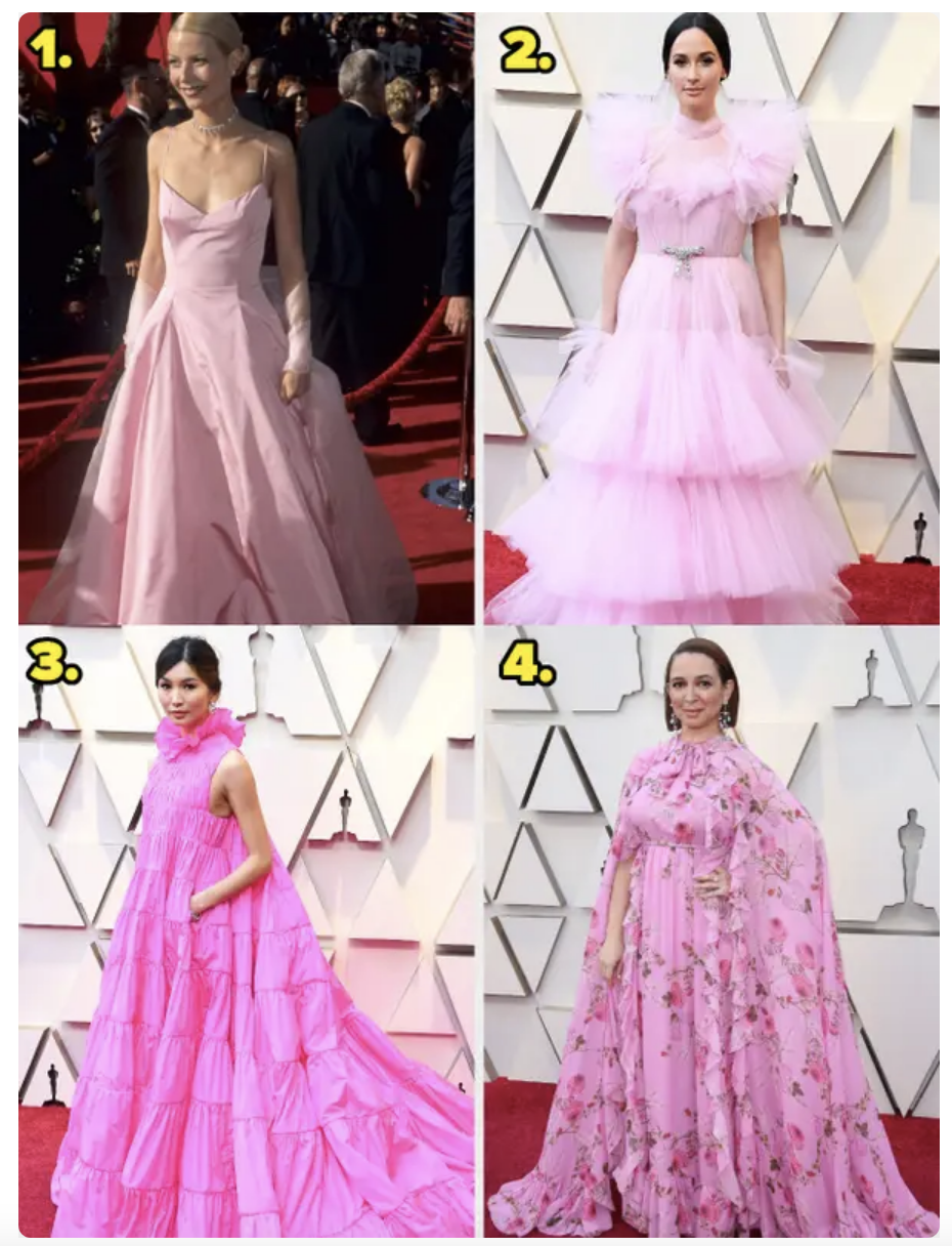 Four different famous women in dresses of the same hue