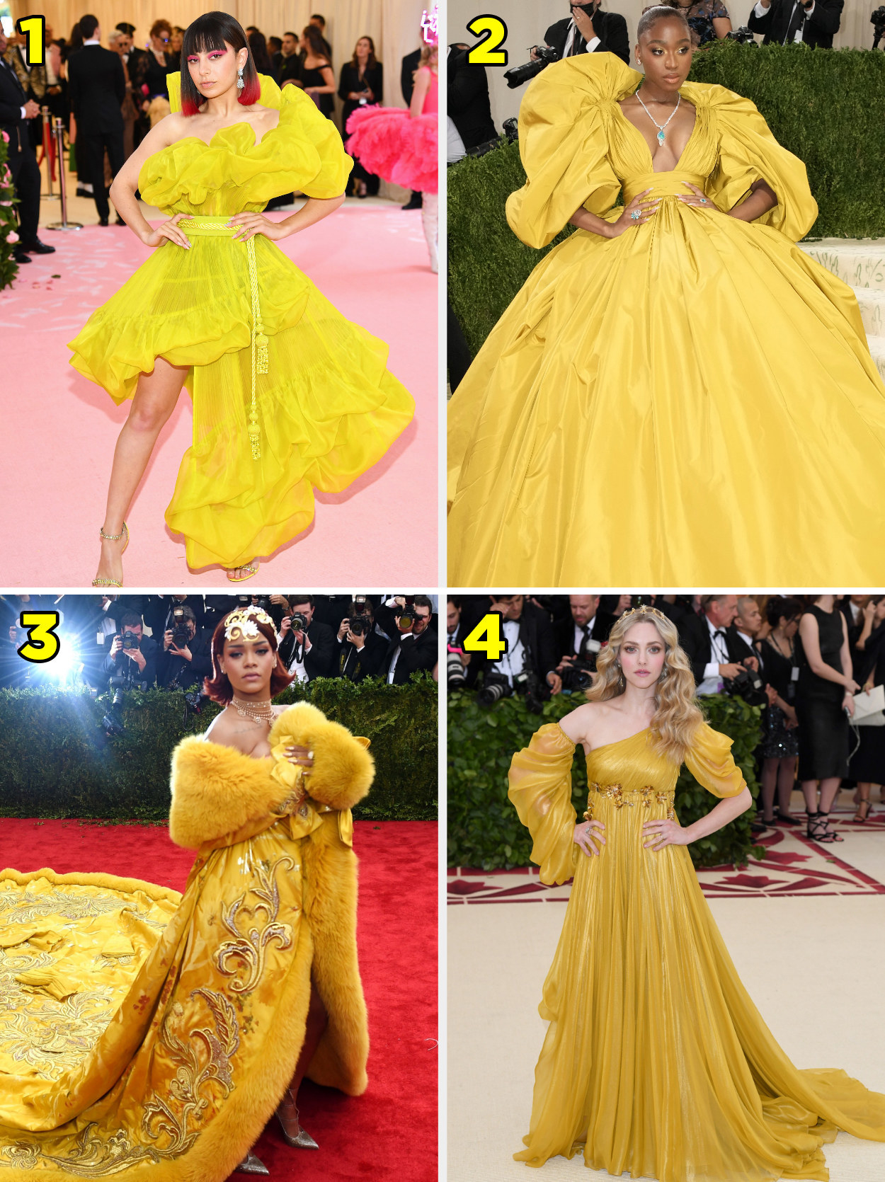 four different Met Gala looks worn by different women