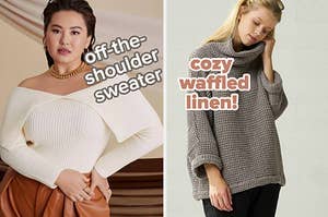 model wearing off-the-shoulder sweater / model wearing waffled linen sweater