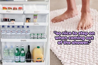 冰箱的标签，脚放在浴垫上，“洗完澡踩上去很舒服。”