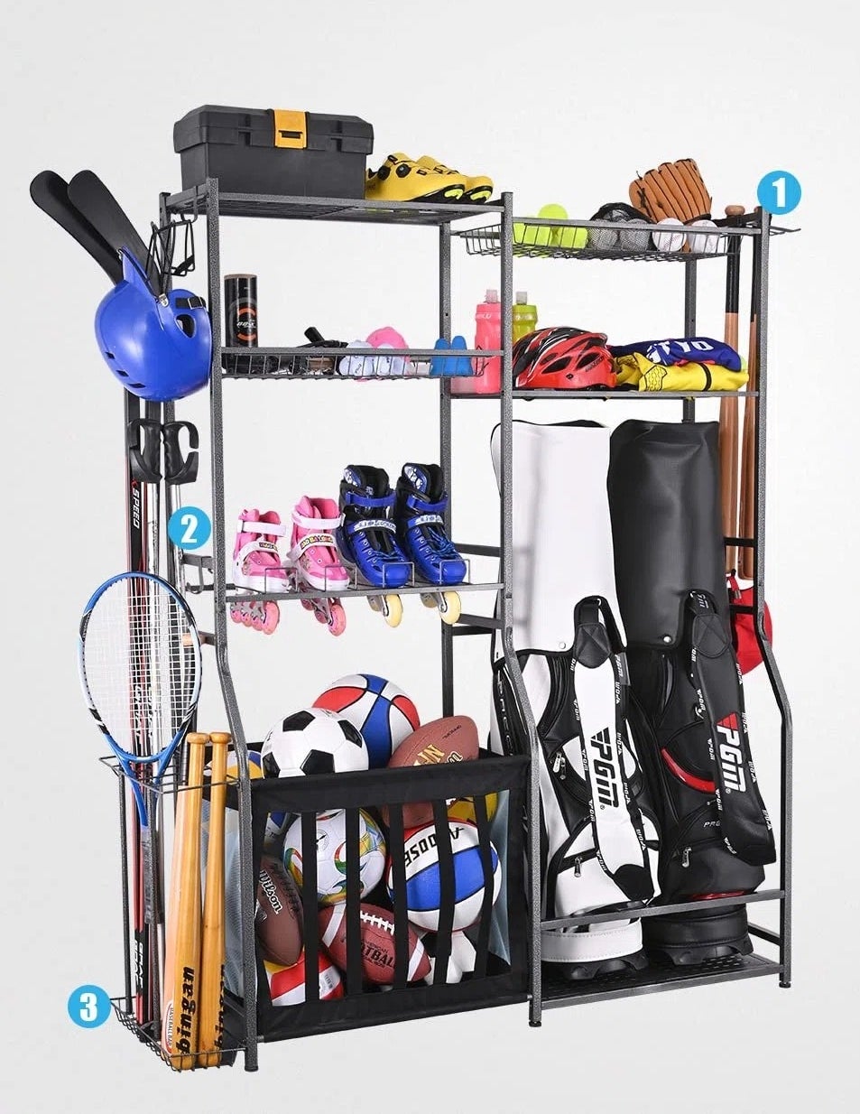 a sports rack holding various sports equipment like helmets, bats, footballs