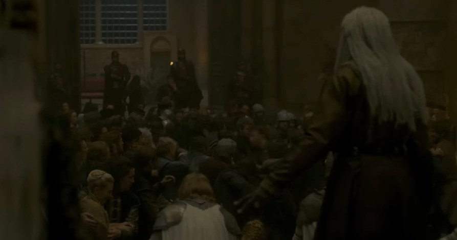 Corlys watches as chaos erupts in the crowd in the throne room
