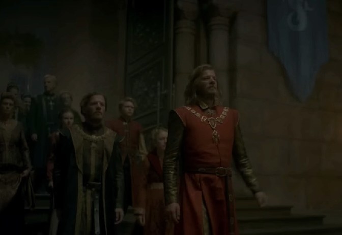 The Lannister twins walk into the throne room with their entourage