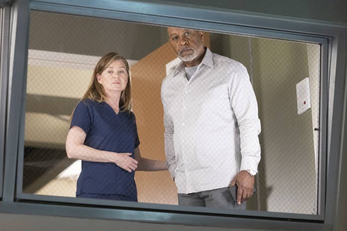 Meredith Grey and Richard Webber stand in the OR gallery looking down through a window
