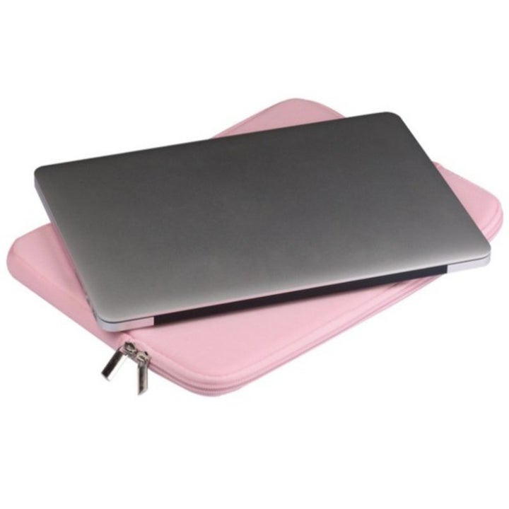 A laptop on a pink sleeve case
