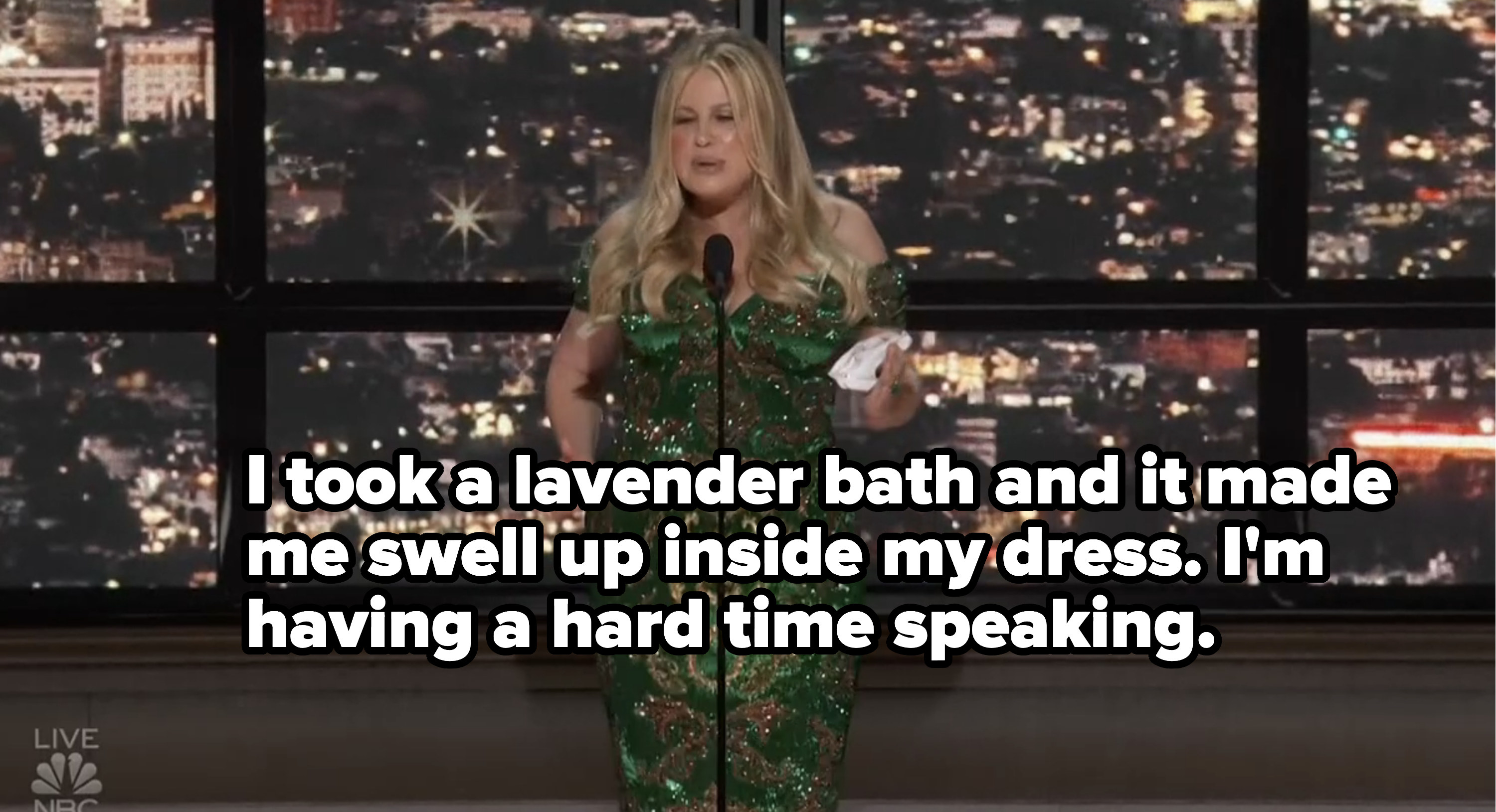 Jennifer Coolidge saying she took a lavender bath and it made her swell up