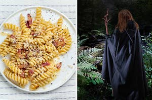 A plate of pasta is on the left with a witch in the woods on the right
