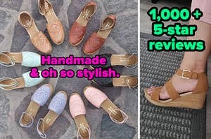 L: a circle made out of pairs of colorful leather espadrilles and text reading "Handmade & oh-so stylish.", R: a reviewer wearing a brown wedge sandal and text reading "1,000+ 5-star reviews"