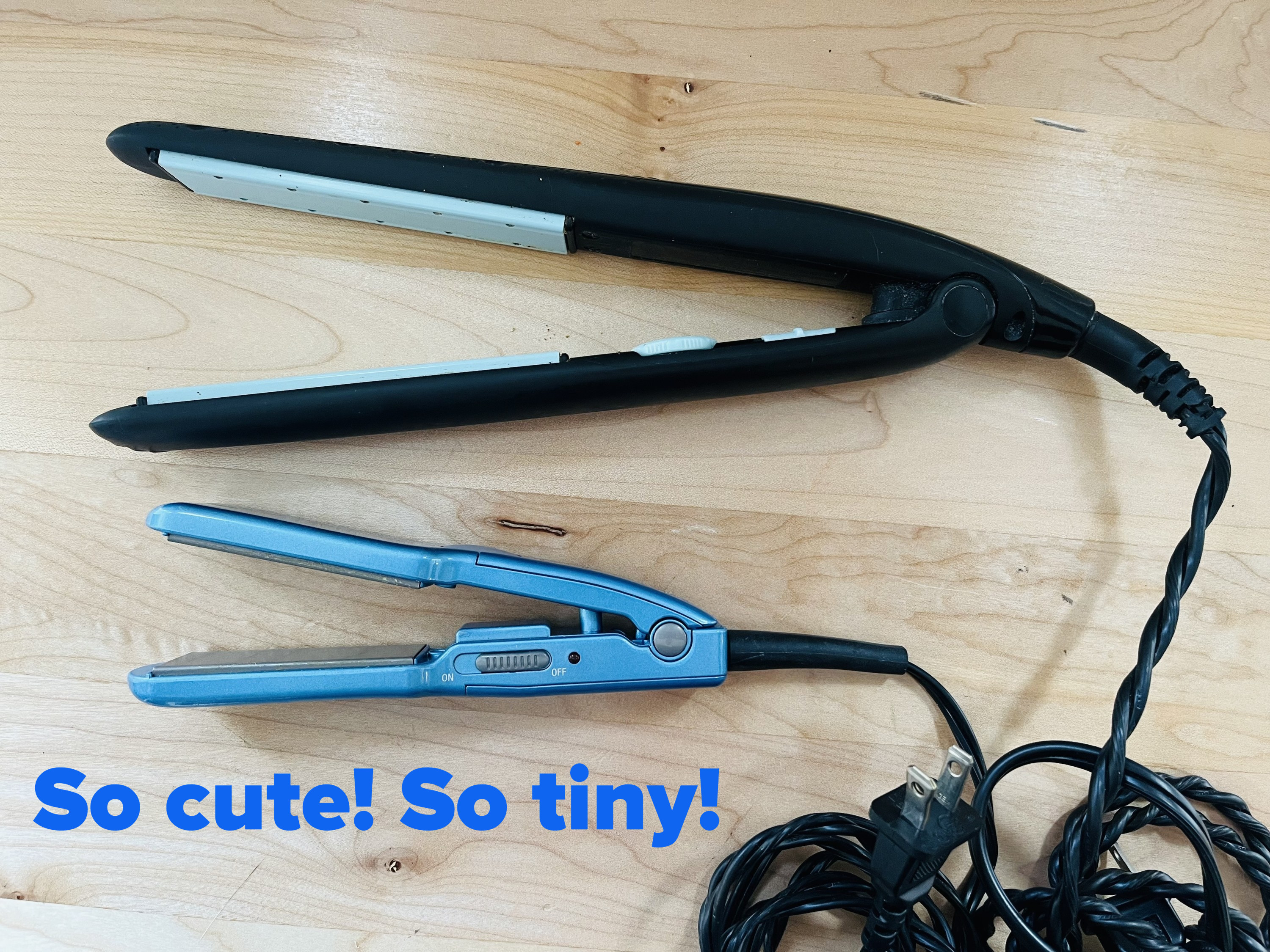 The mini flat iron compared to a full-sized flat iron