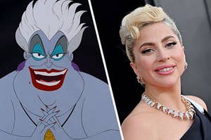 A close up of Ursula the sea witch laughing and Lady Gaga smiling