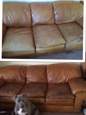 reviewer's leather couch looking dull and old, with an after photo of it looking cleaner and brighter after the leather conditioner is used