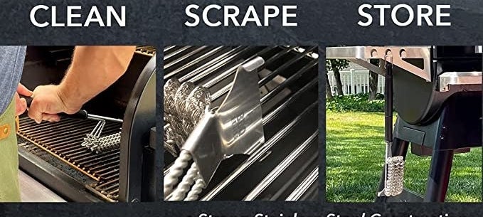 three panels with one showing a model using the brush on a grill labeled &quot;clean&quot;, a close-up of the built-in scraper labeled &quot;scrape&quot;, and the brush hanging on the side of a grill labeled &quot;store&quot;
