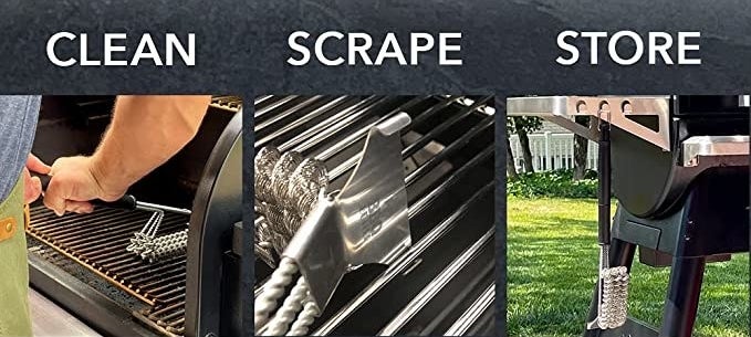 three panels with one showing a model using the brush on a grill labeled &quot;clean&quot;, a close-up of the built-in scraper labeled &quot;scrape&quot;, and the brush hanging on the side of a grill labeled &quot;store&quot;