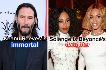 Keanu Reeves wears a pinstrip suit and Sonlange stands next to Beyoncé