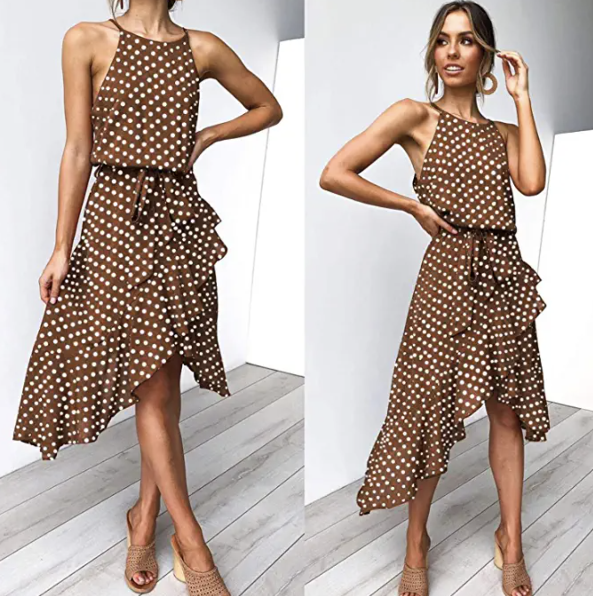 A series of photos of a model wearing the polka-dot halter dress in brown