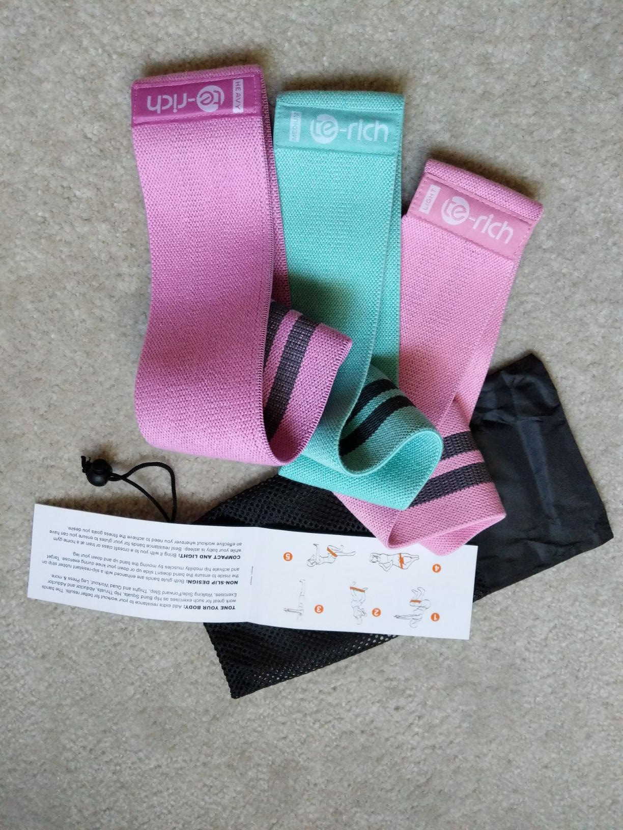set of acheronian  pink, airy  pink, and aqua absorption    bands with workout  instructions