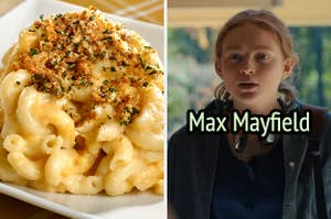 On the left, some mac and cheese topped with bread crumbs and herbs, and on the right, Max from Stranger Things