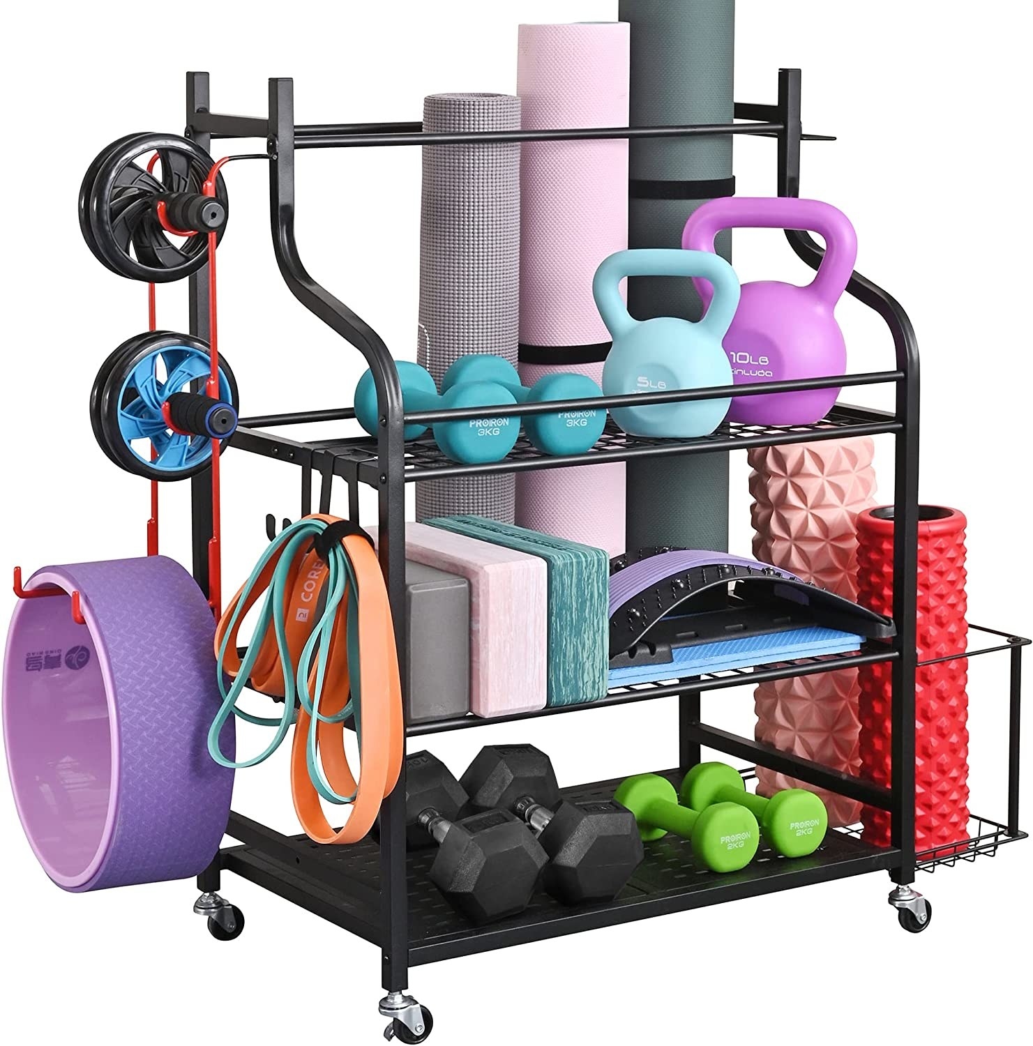 the rack with exercise equipment on it