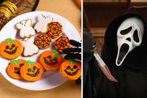 Halloween cookies and Ghostface holding a bloody knife