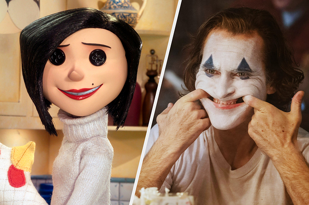 A close up of The Other Mother smiling and the Joker forcing himself to smile