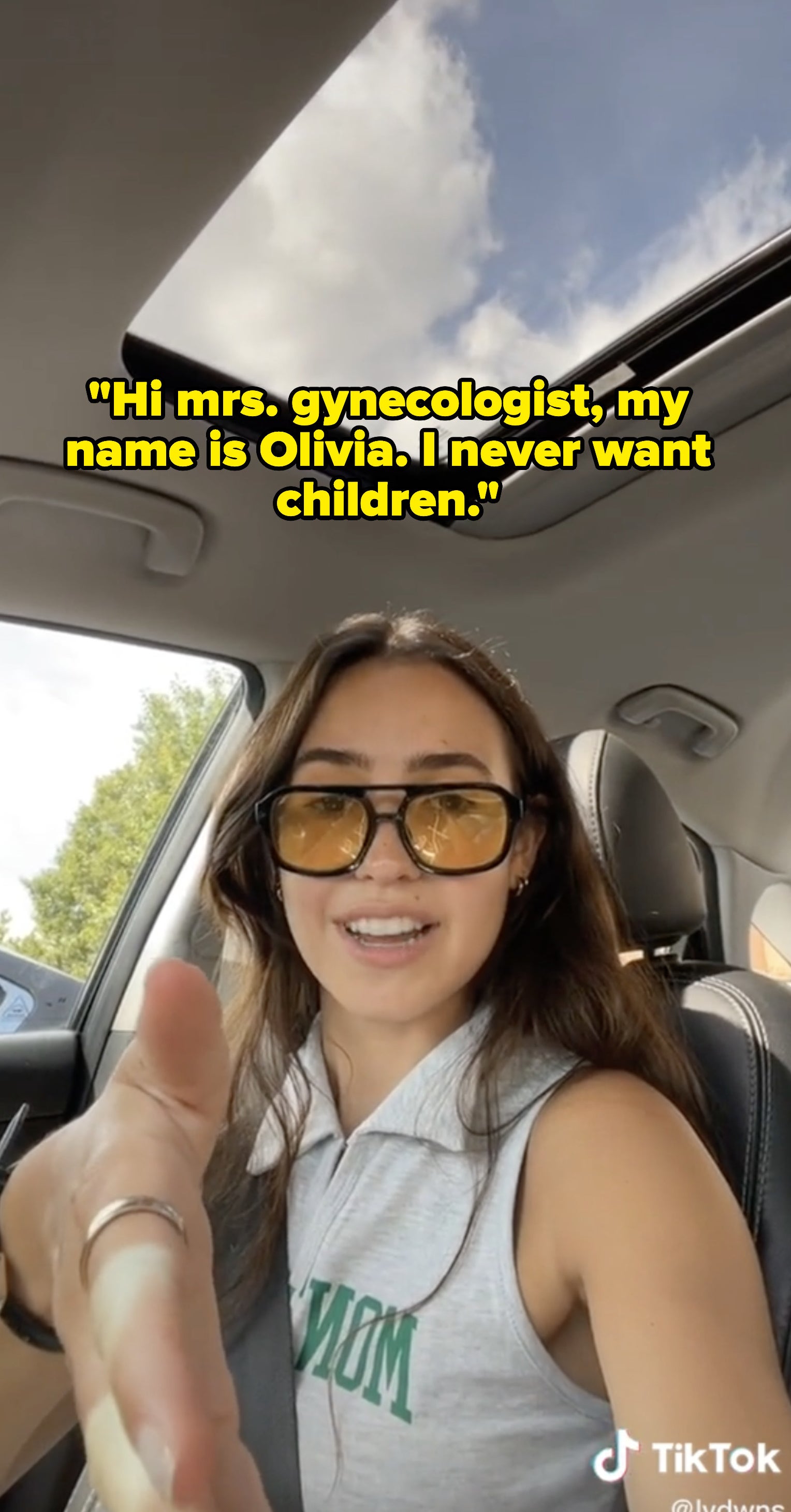 Olivia&#x27;s re-creation of the conversation, in which she says &quot;Hi Mrs. gynecologist, my name is Olivia, I never want children&quot;