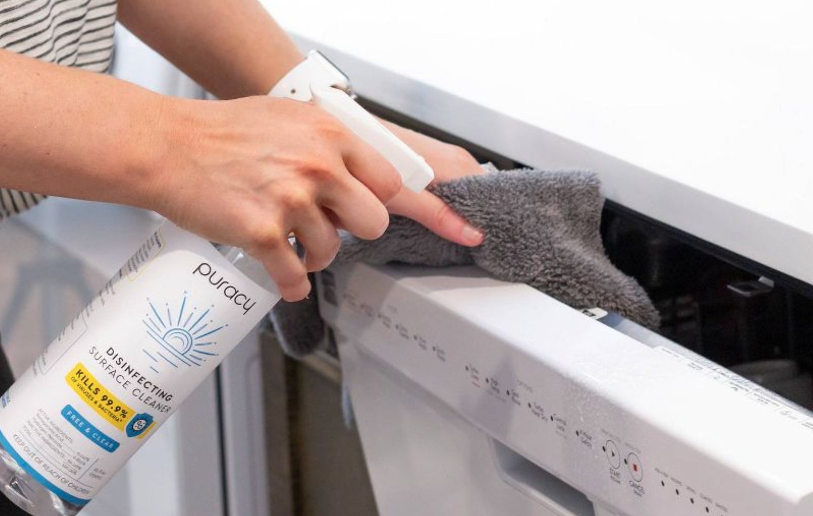 a model using the white spray bottle on a white dishwasher